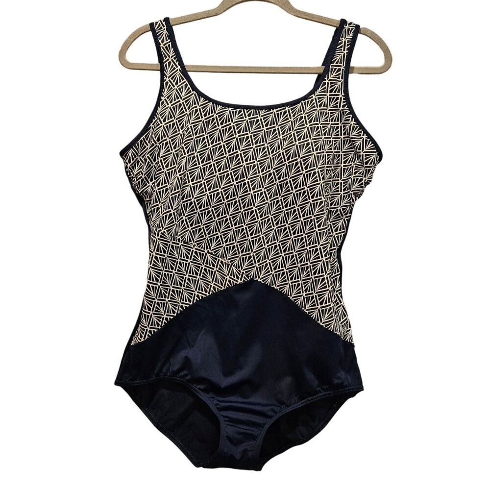 Land's End One Piece Womens 14DD Blue geometric compression tummy panel Cruise P